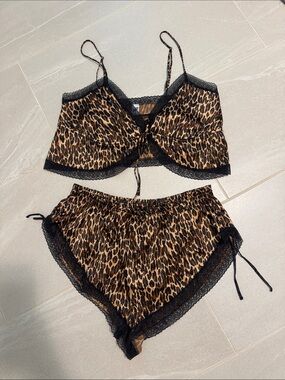 Leopard Lace-Trim Cami & Short Pajama Set - Brown